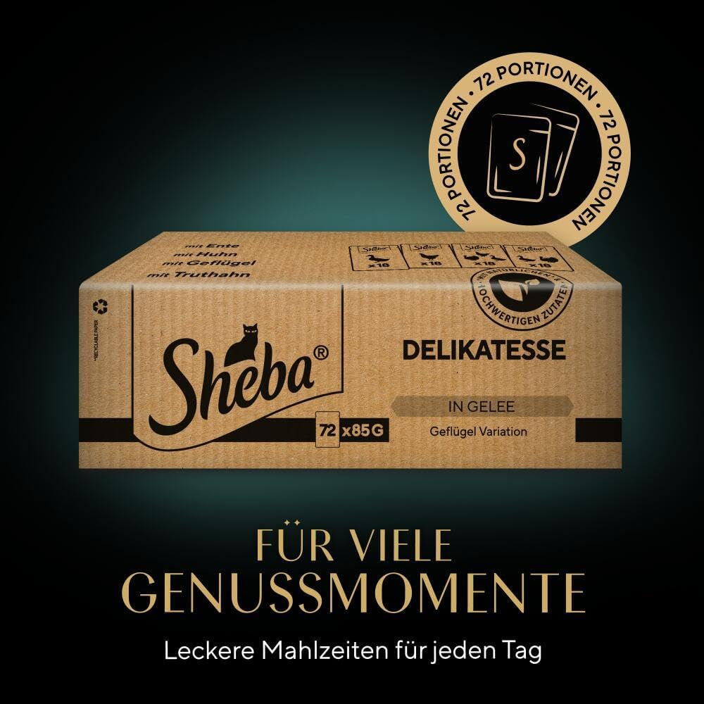 SHEBA Nassfutter für Katzen – 72 Beutel x 85 g – Geflügelsorte in Gelee – Nassfutter für Katzen – 1 große Packung