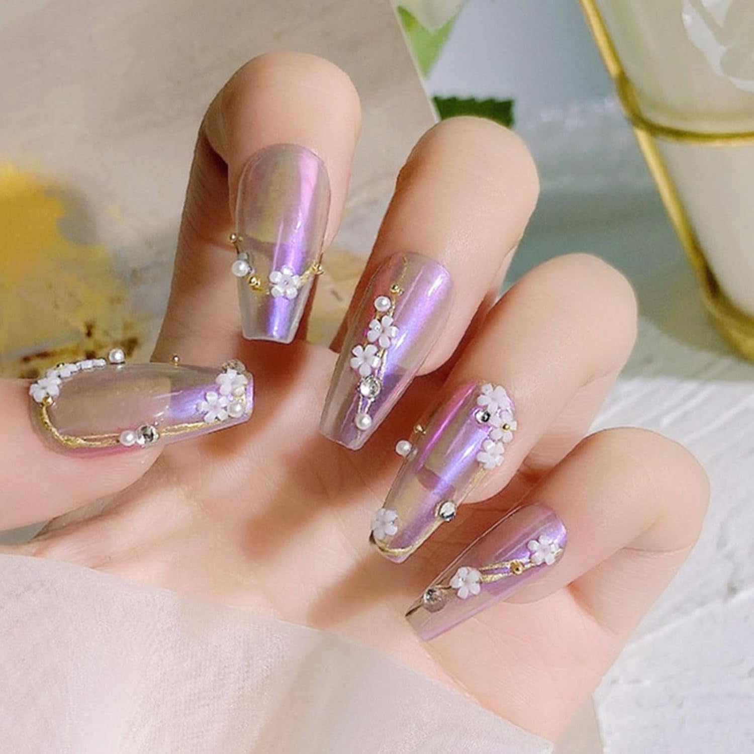 3D-Blumen-Nagel-Charms, 12 Gitter, Acrylharz-Blume und Gold-Silber-Perlen, Nagelsteine, Blumen-Gel-Nägel, Blumen-Nageldekorationen für Frauen und Mädchen, DIY-Maniküre-Zubehör