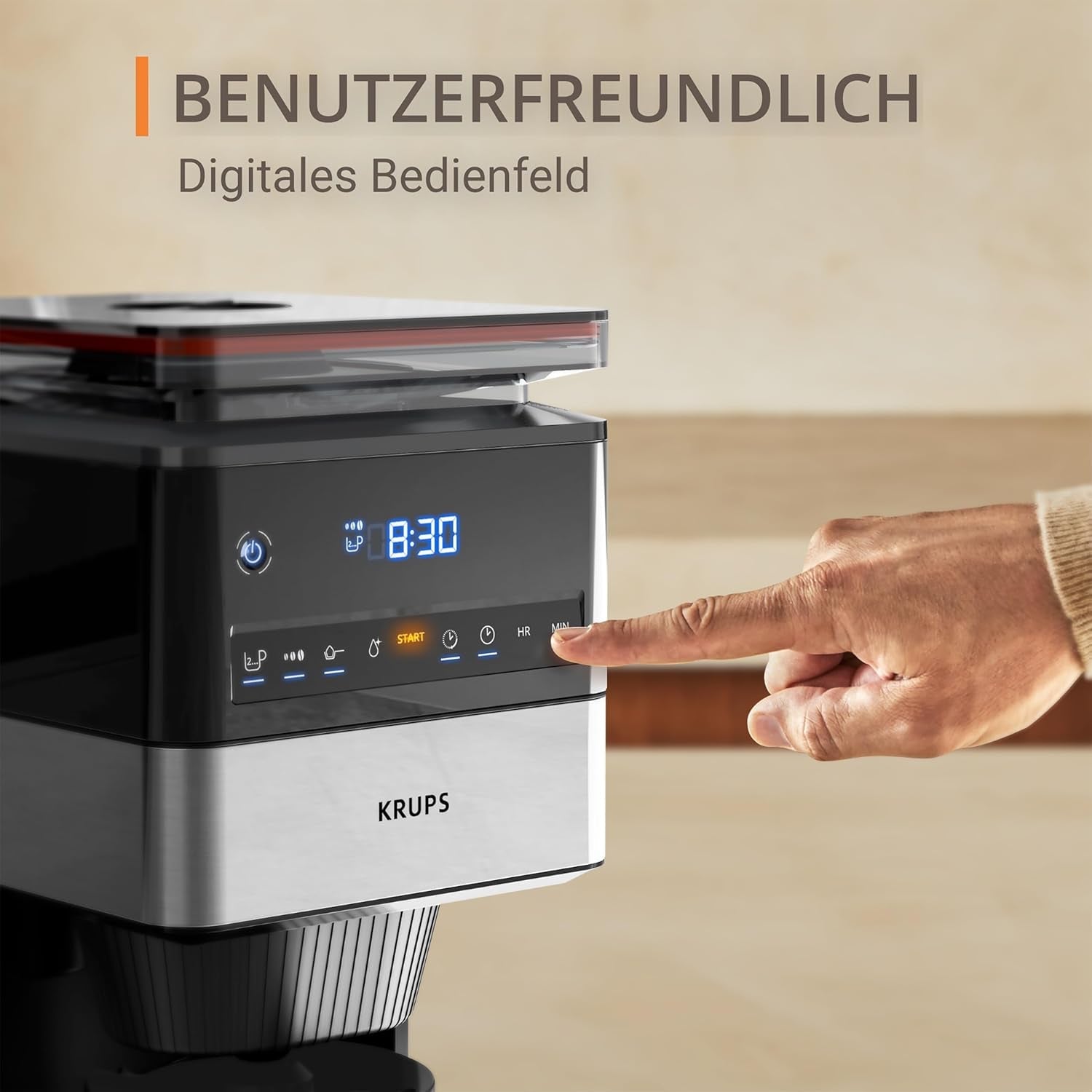 KRUPS Grind Aroma XL Espressokocher, abnehmbares konisches Mahlwerk, digitales Bedienfeld, XL-Kapazität (1,5 l), Warmhaltefunktion, Glaskaraffe, Schwarz/Edelstahl, KM842810