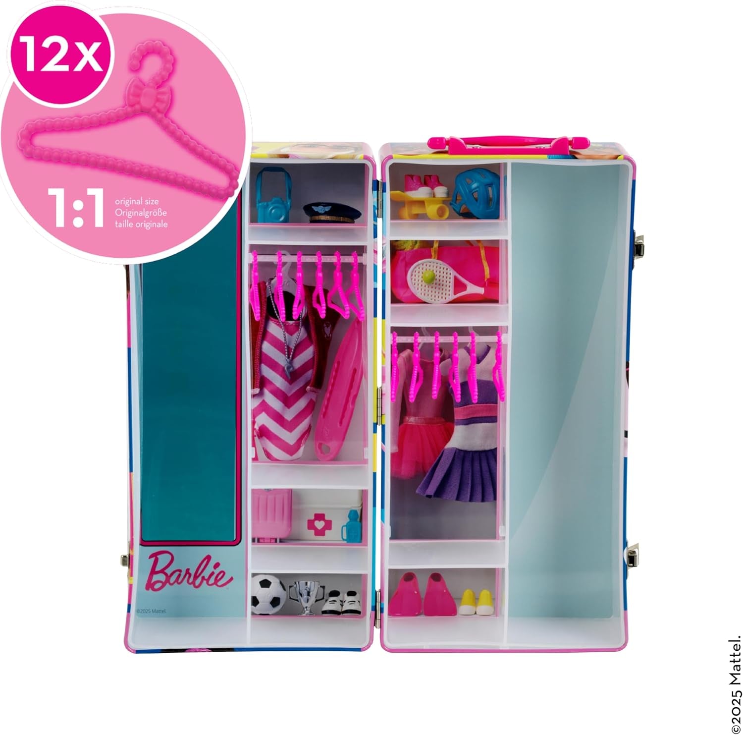 Theo Klein 5801 Barbie-Kleiderschrank mit Kleiderstangen und Fächern, Spielzeug für Kinder ab 3 Jahren, inklusive Zubehör, mehrfarbig