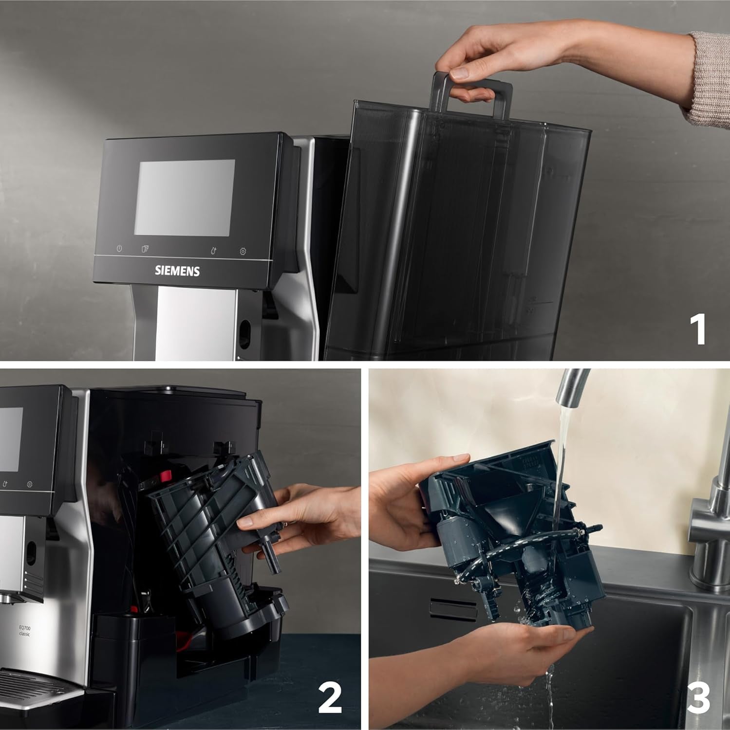 Automatische Espressomaschine Siemens EQ700 classic TP715D01, App-Steuerung, Cold Brew, intuitives Touch-Display, bis zu 10 individuelle Kaffeekreationen als Favoriten, automatische Dampfreinigung, 1500 W, silbergrau