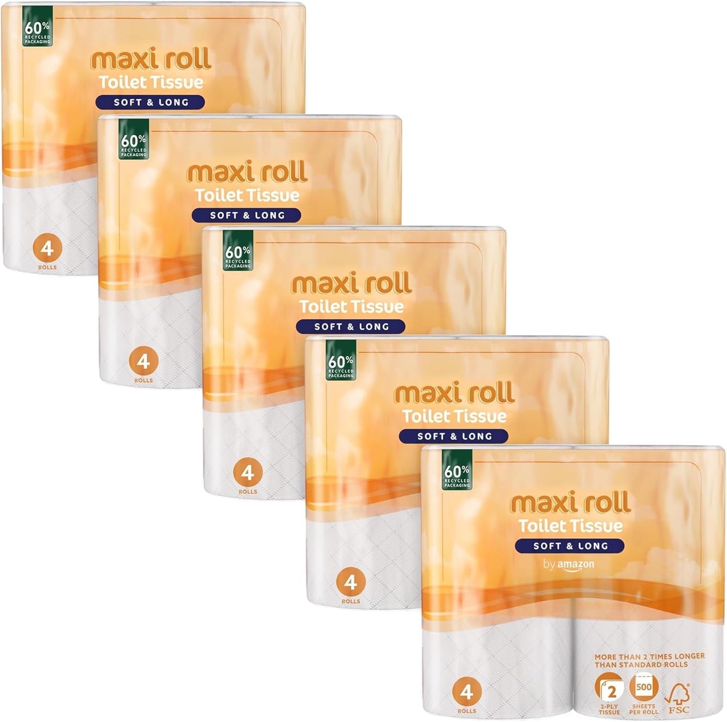 Toilettenpapier von Amazon (Maxi-Rolle), 2-lagig, gesteppt, weich und zart, 20 Rollen (5 Packungen mit je 4 Stück), 500 Risse pro Rolle, FSC-zertifiziert