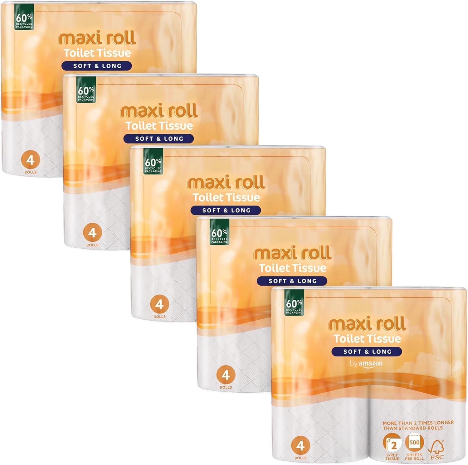 Toilettenpapier von Amazon (Maxi-Rolle), 2-lagig, gesteppt, weich und zart, 20 Rollen (5 Packungen mit je 4 Stück), 500 Risse pro Rolle, FSC-zertifiziert
