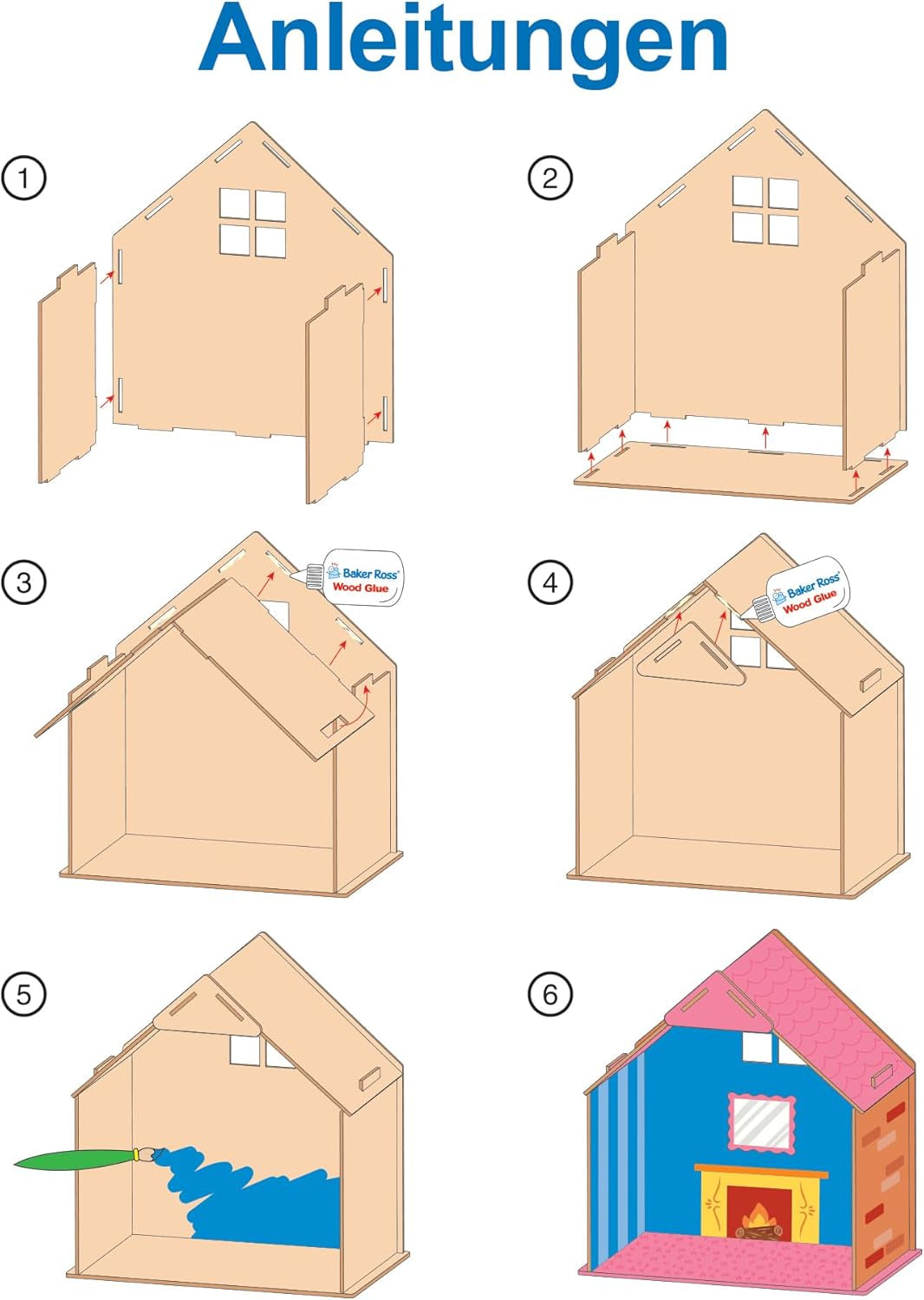 Baker Ross FN199 Bauen Sie Ihr eigenes Puppenhaus aus Holz – 1-teiliger Puppenhaus-Bausatz für Kinder, Bastelset