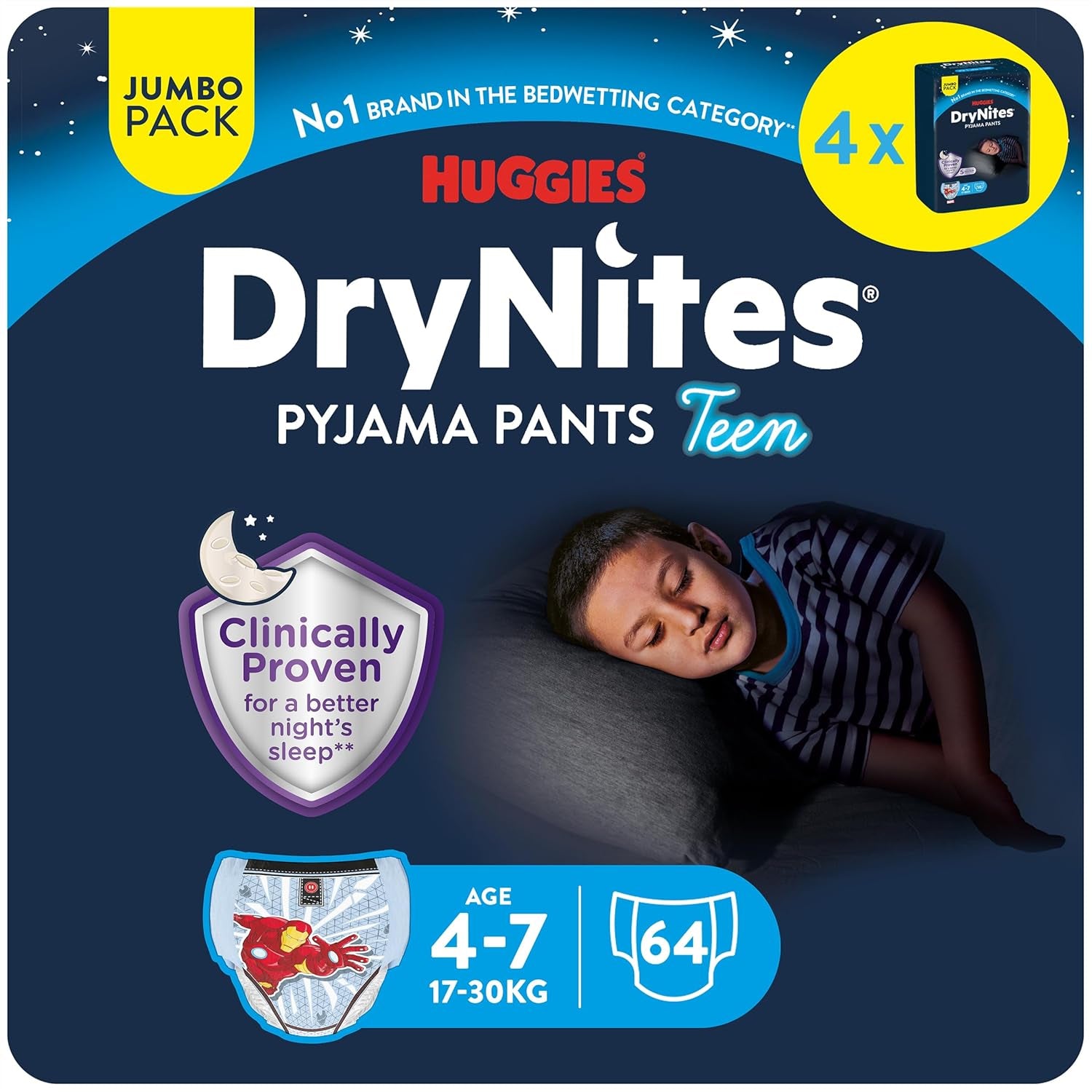 DryNites saugfähige Bettnässerwindeln für Jungen von 4–7 Jahren (17–30 kg), Jumbo-Monatspackung, 64 Stück