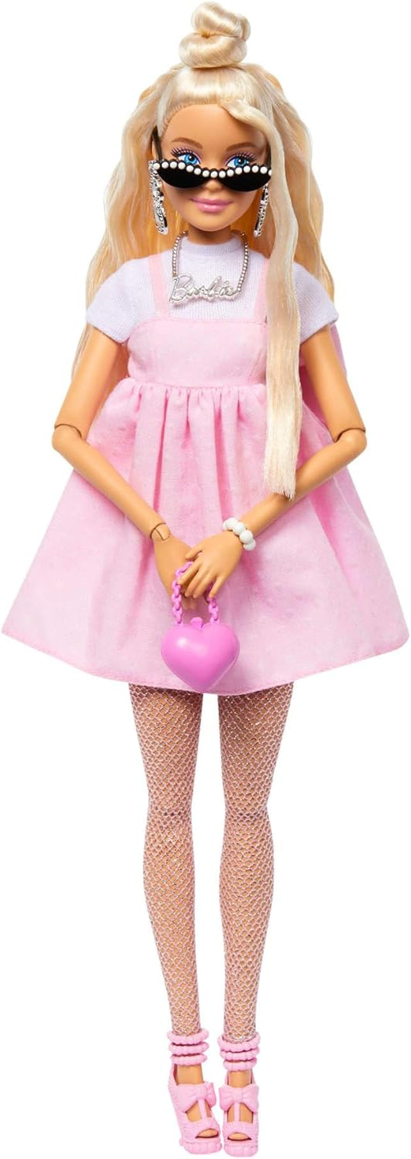 Barbie-Puppe Deluxe Style-Nr. 3 mit Barbiecore-Outfit, blonden Haaren in einem hohen Dutt, pastellrosa Kleid mit übergroßer Schleife und Accessoires wie Netzstrumpfhosen, HYV27 Naty Shop Dolls Blonde