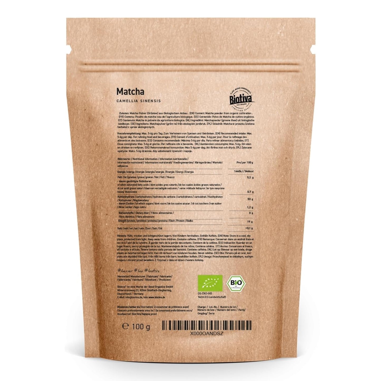 Bio-Matcha-Tee 100g – Original Matcha-Pulver – Tee-Latte-Smoothies – Bio-Matcha in höchster Qualität aus Japan – abgefüllt und kontrolliert in Deutschland – Biotiva