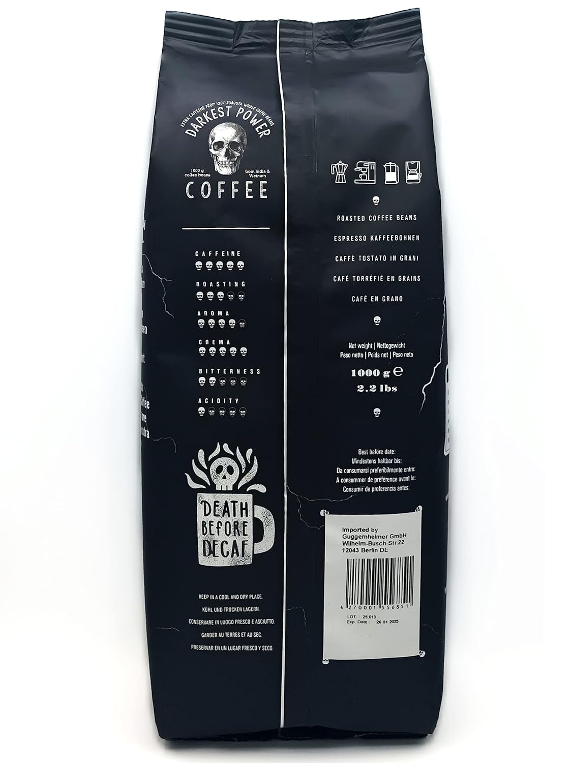 | Kaffeebohnen extra stark | Espresso 100 % Robusta | viel Koffein wenig Säure | 1000g ganze Kaffeebohnen | geigeint für Vollautomatik | mit Zufriedenheitsgarantie