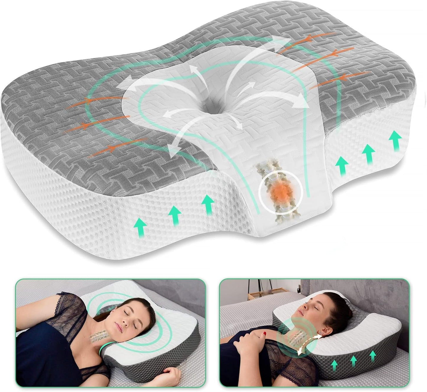 Elviros Memory Foam Orthopädisches Kissen Nackenschmerzkissen Schlafkissen Ergonomisches Nackenkissen Nackenstützkissen Anti-Schnarch-Kissen für Seitenschläfer Bauchschläfer Weiße orthopädische Nackenkissen Naty Shop Grau 60 x 38,6 x 9,9/13,5 cm
