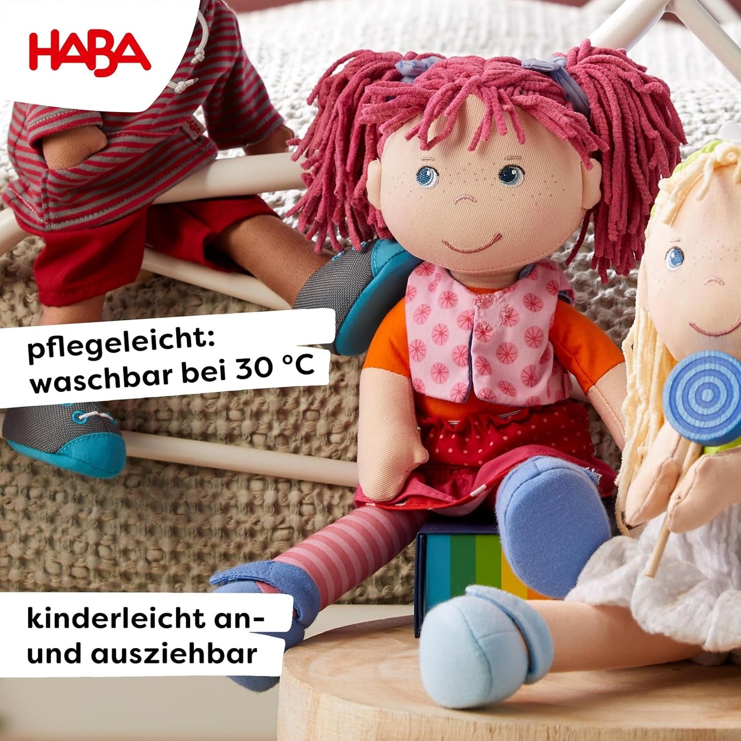 HABA Lily Lou Puppe – Weiche Stoffpuppe ab 18 Monaten – 30 cm mit Kleidung und Haaren – Idealer Spielgefährte für kleine Kinder – 1302842001