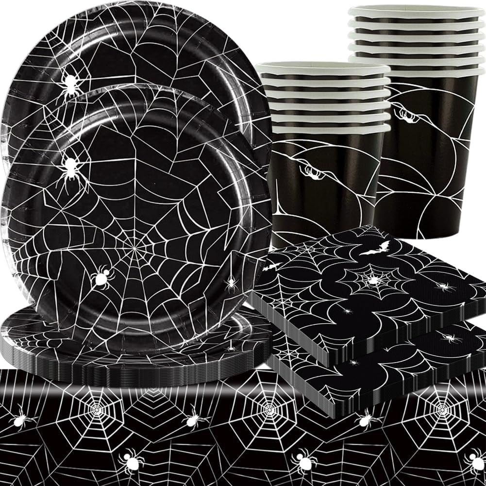 49-teiliges Halloween-Spinnen-Papierbesteckset mit Tellern, Servietten, Gläsern und Tischdecke. Schwarzes Geschirrset mit Desserttellern, Servietten und Gläsern.