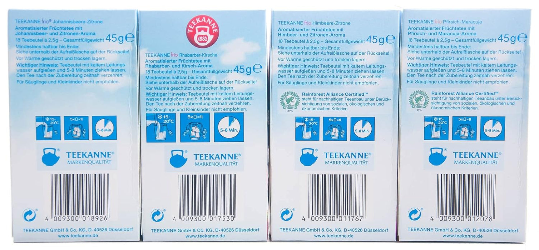 Teekanne Frio 4er Pack, Kirsche Rhabarber, Zitrone Johannisbeere, Zitrone Himbeere, Passionsfrucht Pfirsich (4 x 45 g)