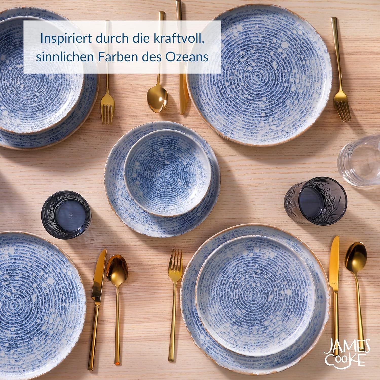 Azurblaues Vintage-Geschirrset aus Steingut für 6 bis 24 Teile – weiße und blaue Streifen, geprägte Oberfläche – spülmaschinen-, ofen- und mikrowellenfest