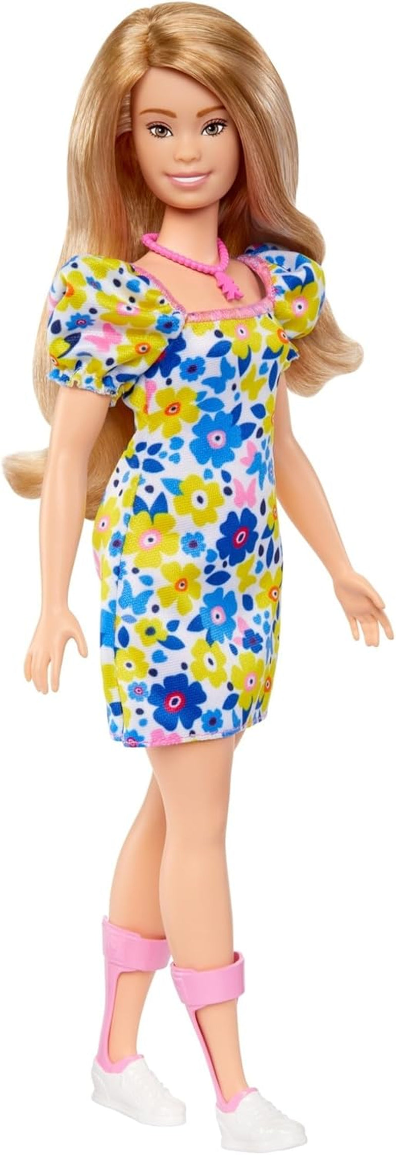 Barbie Fashionistas-Puppe, entwickelt mit der National Down Syndrome Society, mit blonden Haaren und einem modernen Outfit in einem Blumenkleid und weißen Turnschuhen, ab 3 Jahren, HJT05