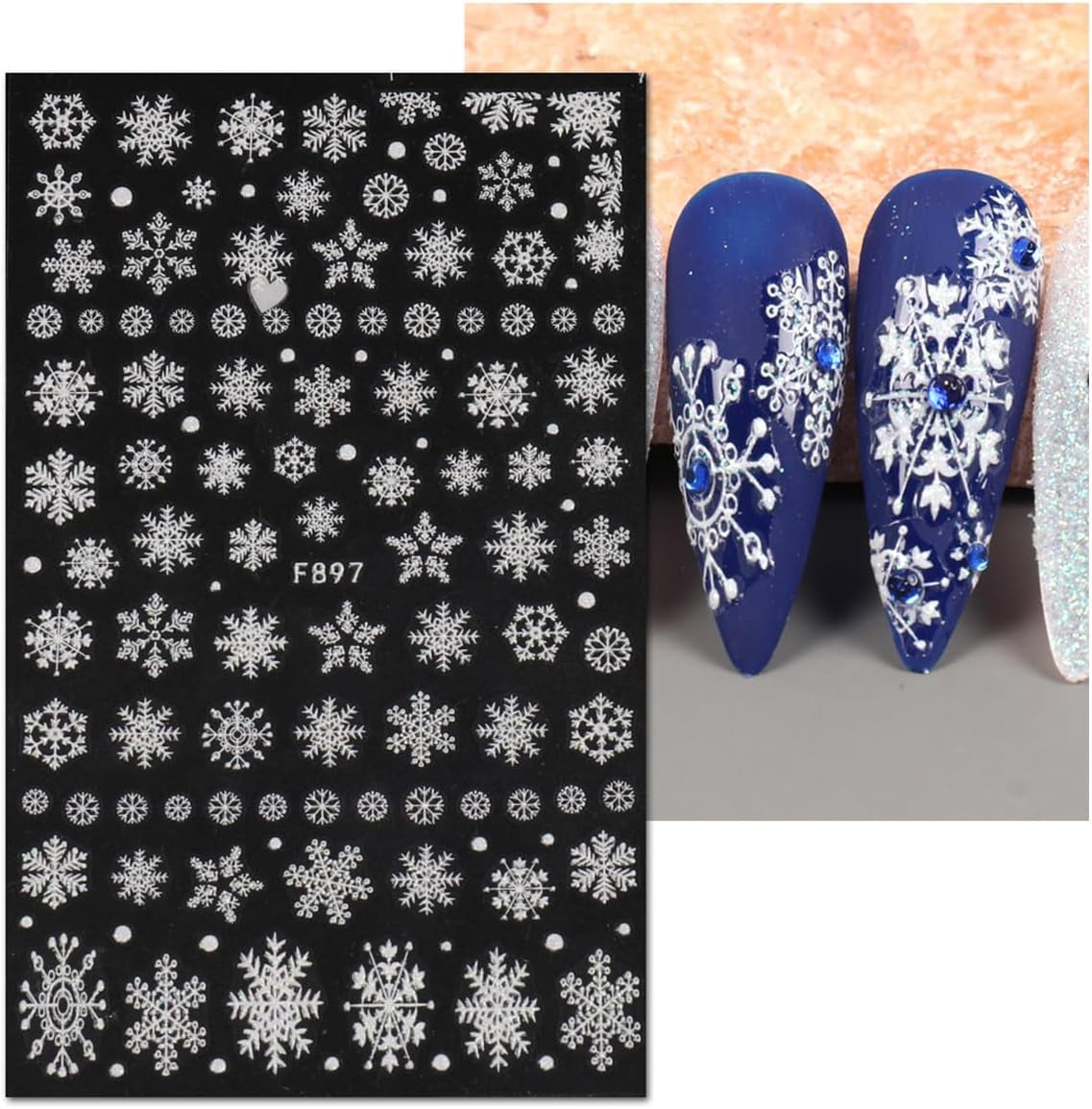 JMEOWIO Nagelsticker Weihnachten Weiß Glitter 8 Blatt Nail Art Sticker Selbstklebend Nagelaufkleber Schneeflocke Winter Urlaub Dekoration Nageldesign Zubehör