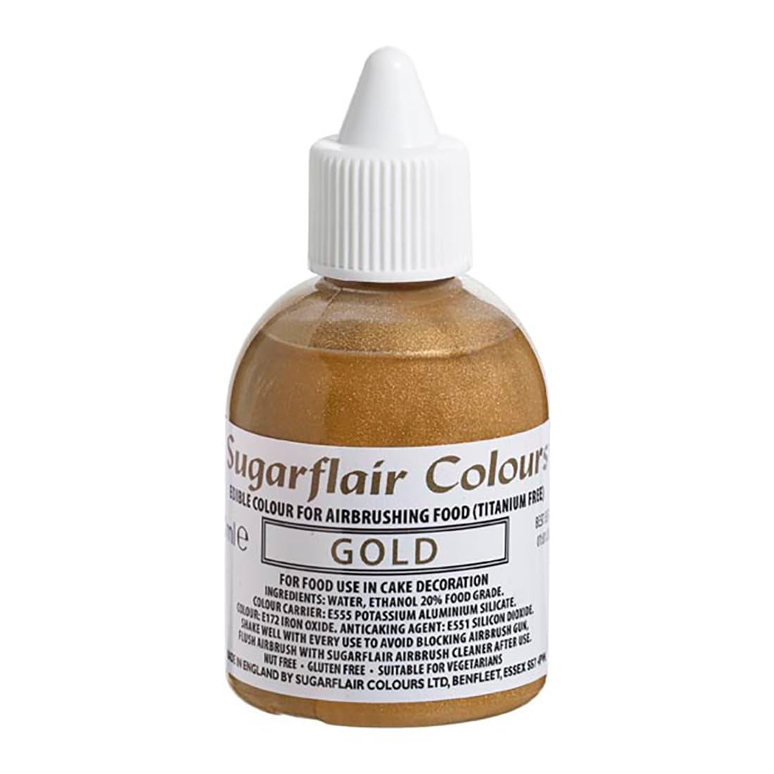 Sugarflair Gold essbare Lebensmittelfarbe, Airbrush-Farbe für Kuchen, Muffins, Zuckerguss und Kuchendekorationen – 60 ml
