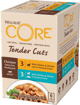 Wellness CORE Tender Cuts 6 x 85g, Chicken Selection Mix – Nassfutter für Katzen, zarte Stücke in Soße, getreidefrei, natürlich, hypoallergen, proteinreich, hoher Fleischanteil