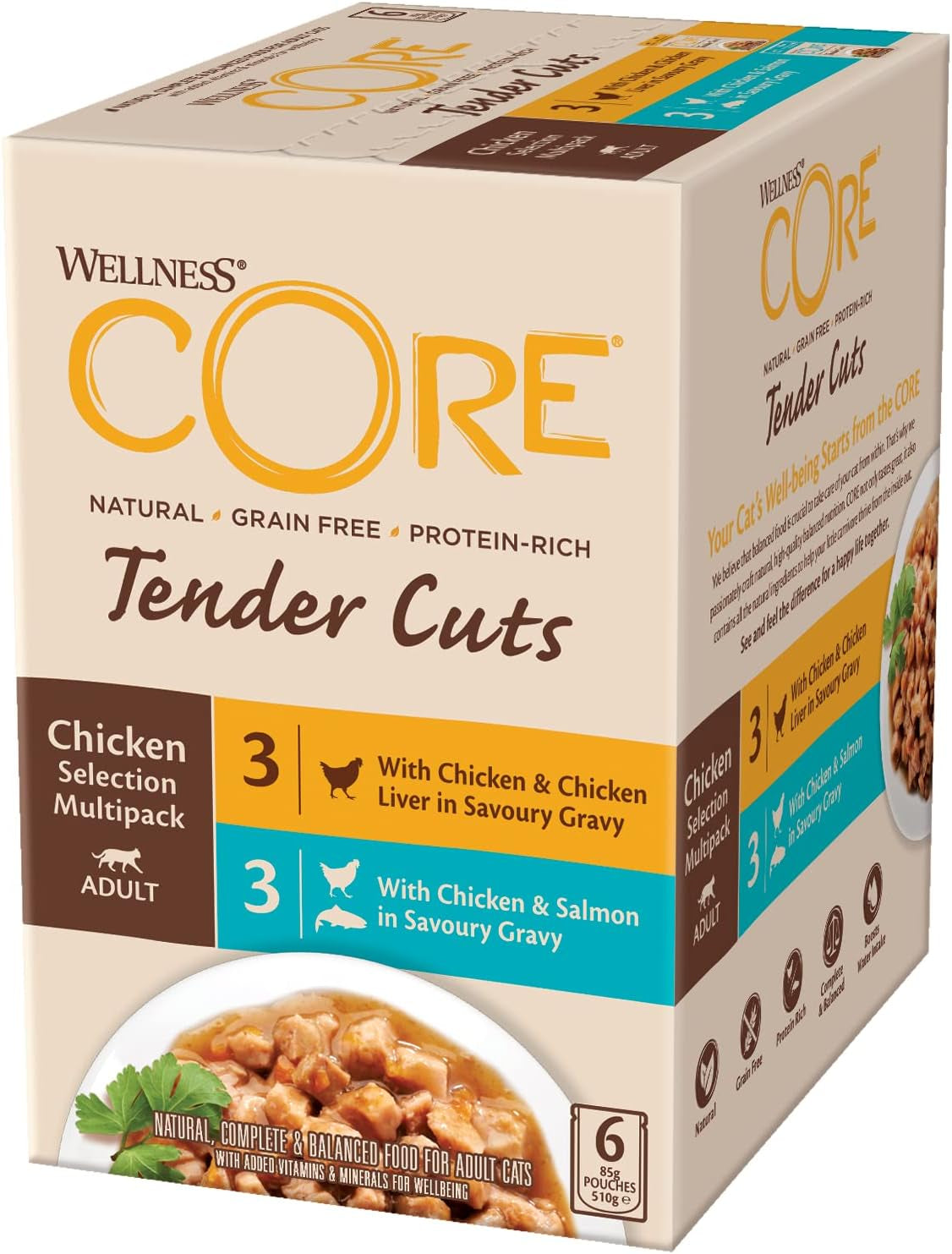 Wellness CORE Tender Cuts 6 x 85g, Chicken Selection Mix – Nassfutter für Katzen, zarte Stücke in Soße, getreidefrei, natürlich, hypoallergen, proteinreich, hoher Fleischanteil
