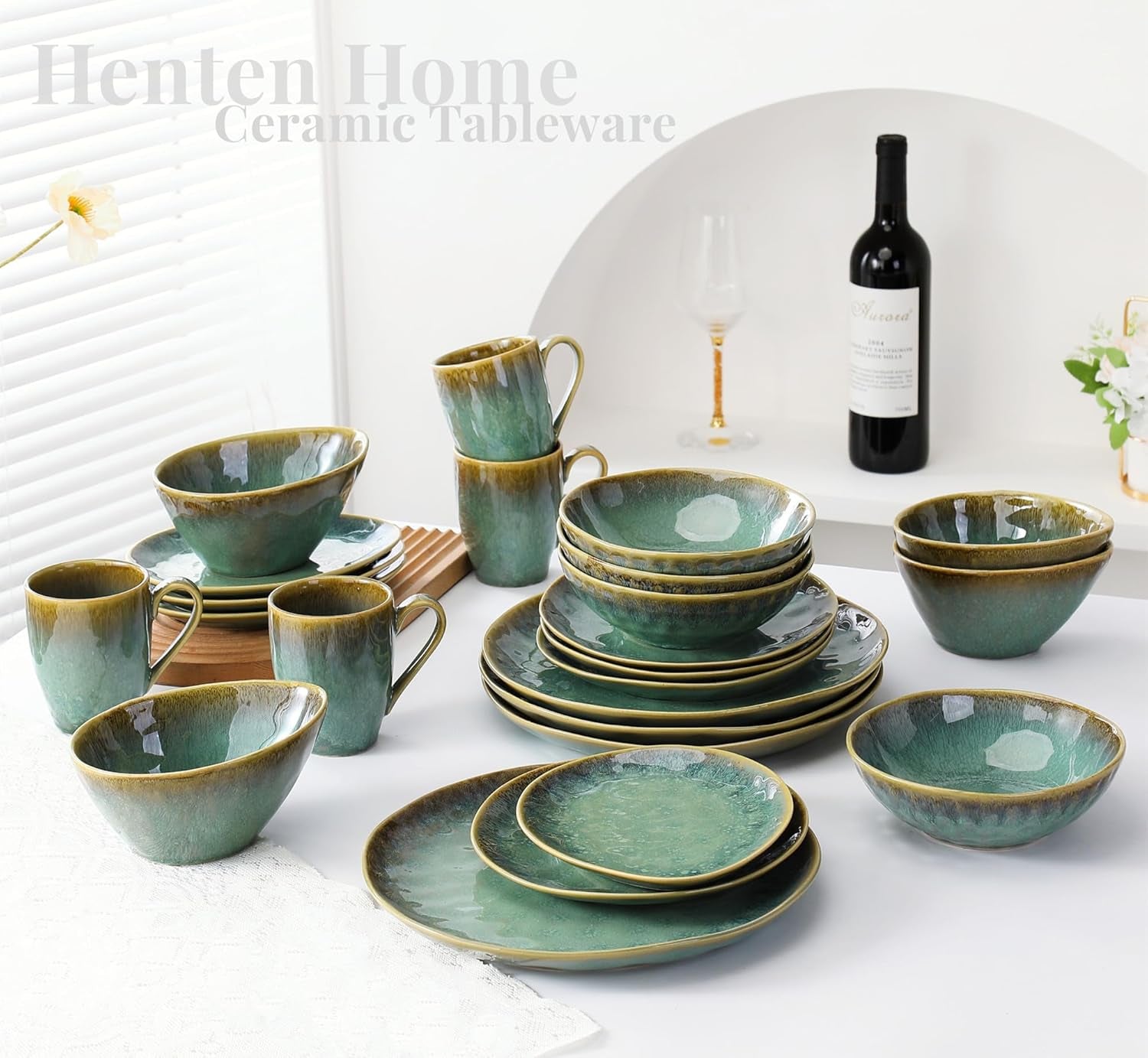 Henten Home Special Steinzeugteller, Snack- und Saucenschalen – 20 x 17 cm für 4 Personen, Frühstücksteller aus Porzellan – modernes grünes Design