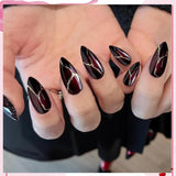 24 Stück rote und schwarze künstliche Nägel zum Aufkleben, künstliche Nägel, zum Aufkleben, mandelförmige Nagelspitzen, vollständige Abdeckung, künstliche Nägel, zum Aufdrücken von Nägeln, Set, rote und schwarze künstliche Nägel