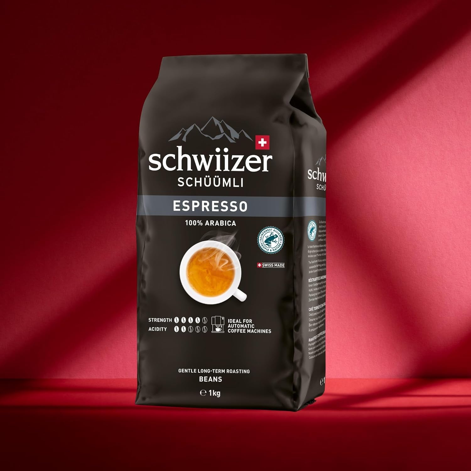 Schwiizer Schüümli Espresso, 100 % Arabica-Kaffeebohnen, kräftig und intensiv, ideal für automatische Espressomaschinen, Stärke 4/5, mittlere Röstung, Rainforest Alliance, 1 kg