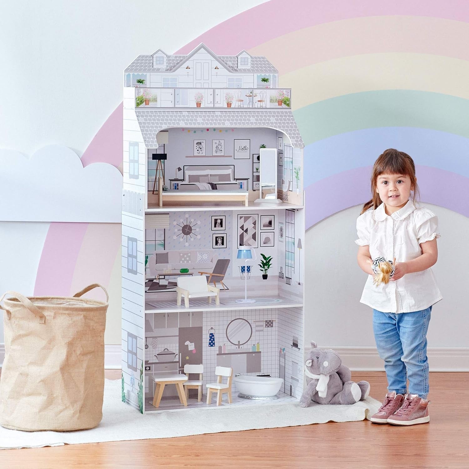 Teamson Kids Olivia's Little World Riesenpuppenhaus mit Möbeln und Zubehör, Puppenhaus aus Holz, 3-stöckiges Spielset für 30-cm-Puppen, ab 3 Jahren