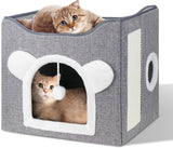 Katzenbetten für Indoor Katzen, Faltbares Katzenhaus, Katzenhöhle 2 Schicht Würfel Großer Raum Katzenbett mit Kratzbrett und Spielball, 15,8 x 15,8 x 15 Zoll