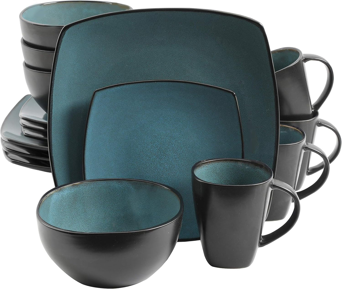 Gibson 99813.16R Elite Soho Lounge Reactive Glaze 4-Personen-Geschirrset, 16-teilig, Blau-Grün/Schwarz-Zweitoneffekt
