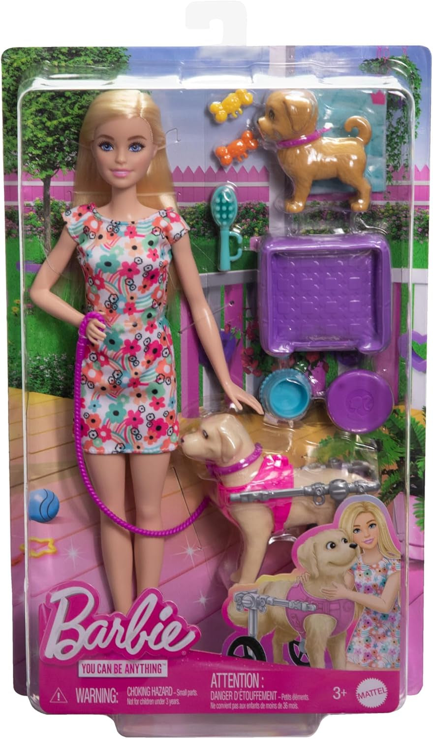 Barbie Dog Duo Puppe und Zubehör, einschließlich Welpe und großer Hund mit Rollstuhl, Leine, Futternapf, Haustierbett und Knochenbelohnungen, für Kinder ab 3 Jahren, HTK37
