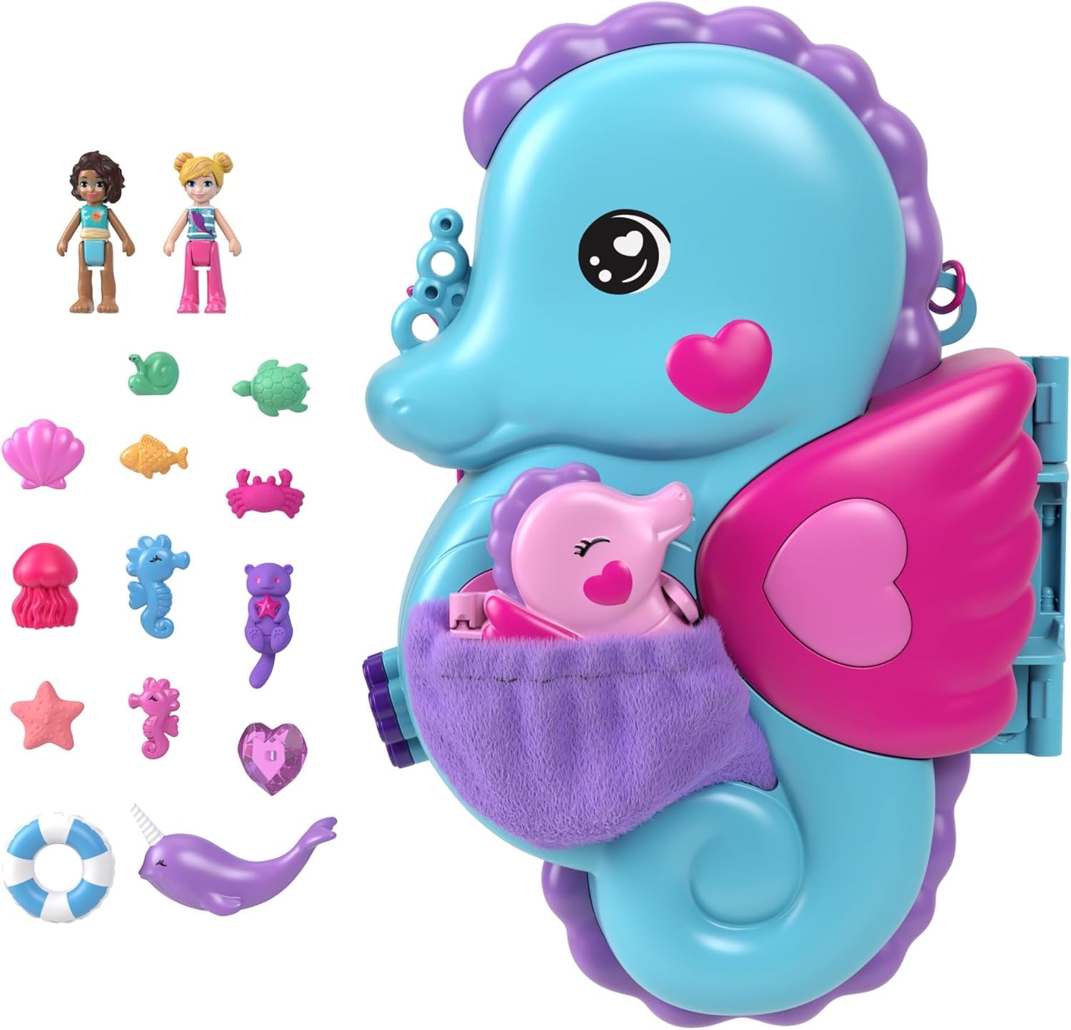 Polly Pocket Coffin Unterwasser-Thema Wrap-Around-Muscheltasche mit 2 Puppen und 1 U-Boot Polly Pocket Meerjungfrau Spielzeug Alter 4 GNH11 Naty Shop Puppen-Seepferdchen-Tasche