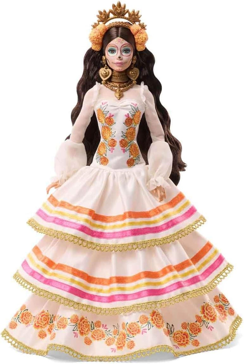 Barbie Signature Day of the Dead 2025-Puppen-Sammelfigur in cremefarbenem Kleid mit Rüschen, Ringelblumen und Schleifen, Blumenkrone im Haar und Calavera-Gesichtsbemalung, JBJ05