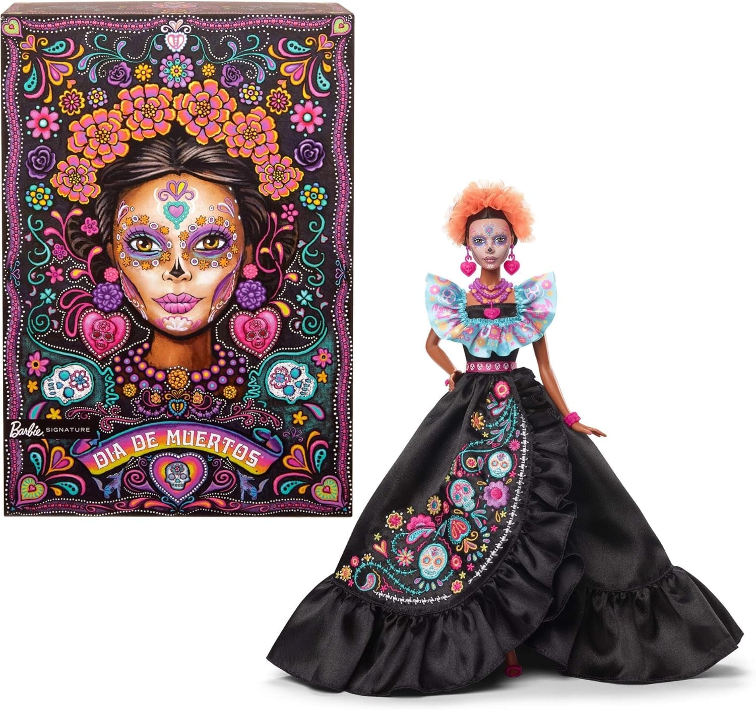 Barbie Signature-Puppe, Día De Muertos 2024 Sammelfigur in schwarzem Kleid und blauem Rüschenoberteil, gesticktem Aufdruck und farbenfrohen Accessoires, HRM72