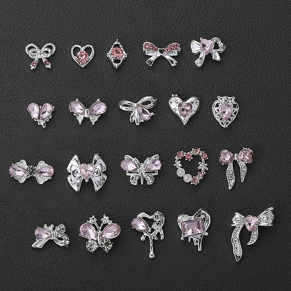 Luxus Rosa Diamant Nagel Charms 3D Butterfly Nail Art Charms Bow Nail Charms Y2K Heart Charms Nägel Zubehör Schmetterling Herz Schleife Nageldesign Edelsteine ​​​​Strasssteine ​​​​Glitzersteine ​​​​Nagelschmuck