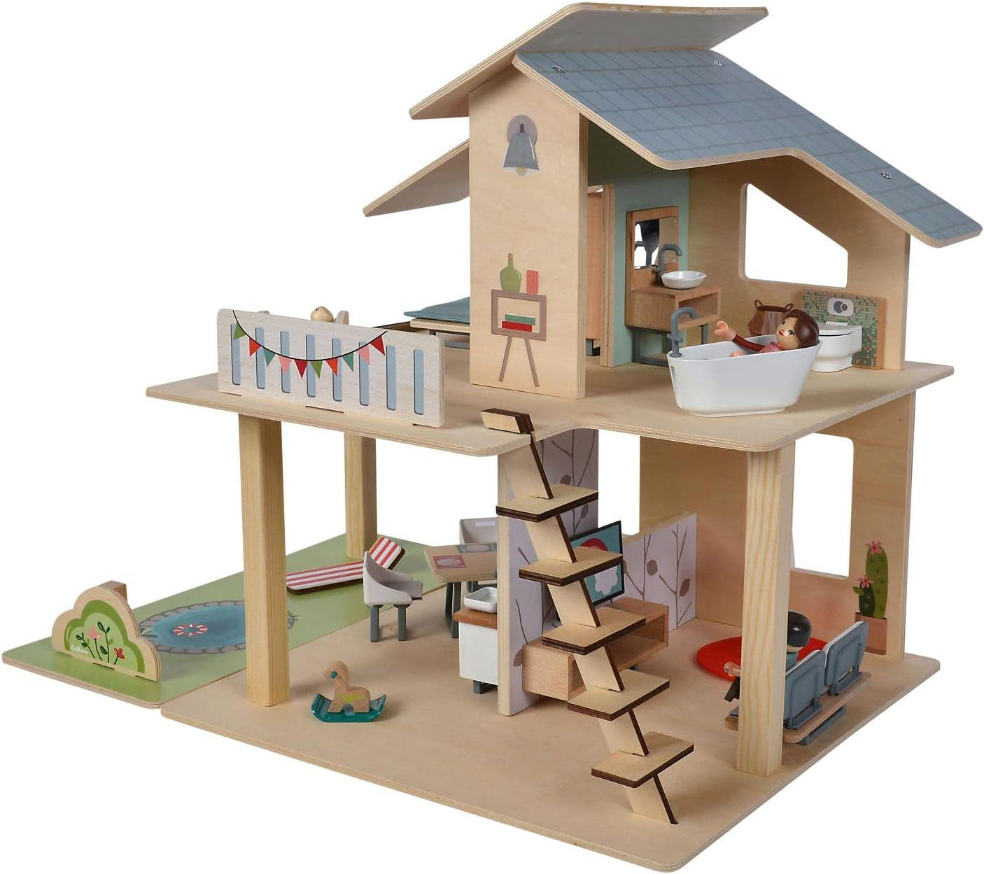 Eichhorn - Puppenhaus mit Zubehör - inkl. Möbel und 3 Figuren, zerlegt, Holz, 25 Teile, 53x36x44 cm, ab drei Jahren