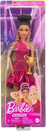 Barbie-Turniertänzerin-Puppe in rotem Rüschenkleid, Tanzschuhen, braunem Haar und Tanztrophäen-Zubehör, JFR09