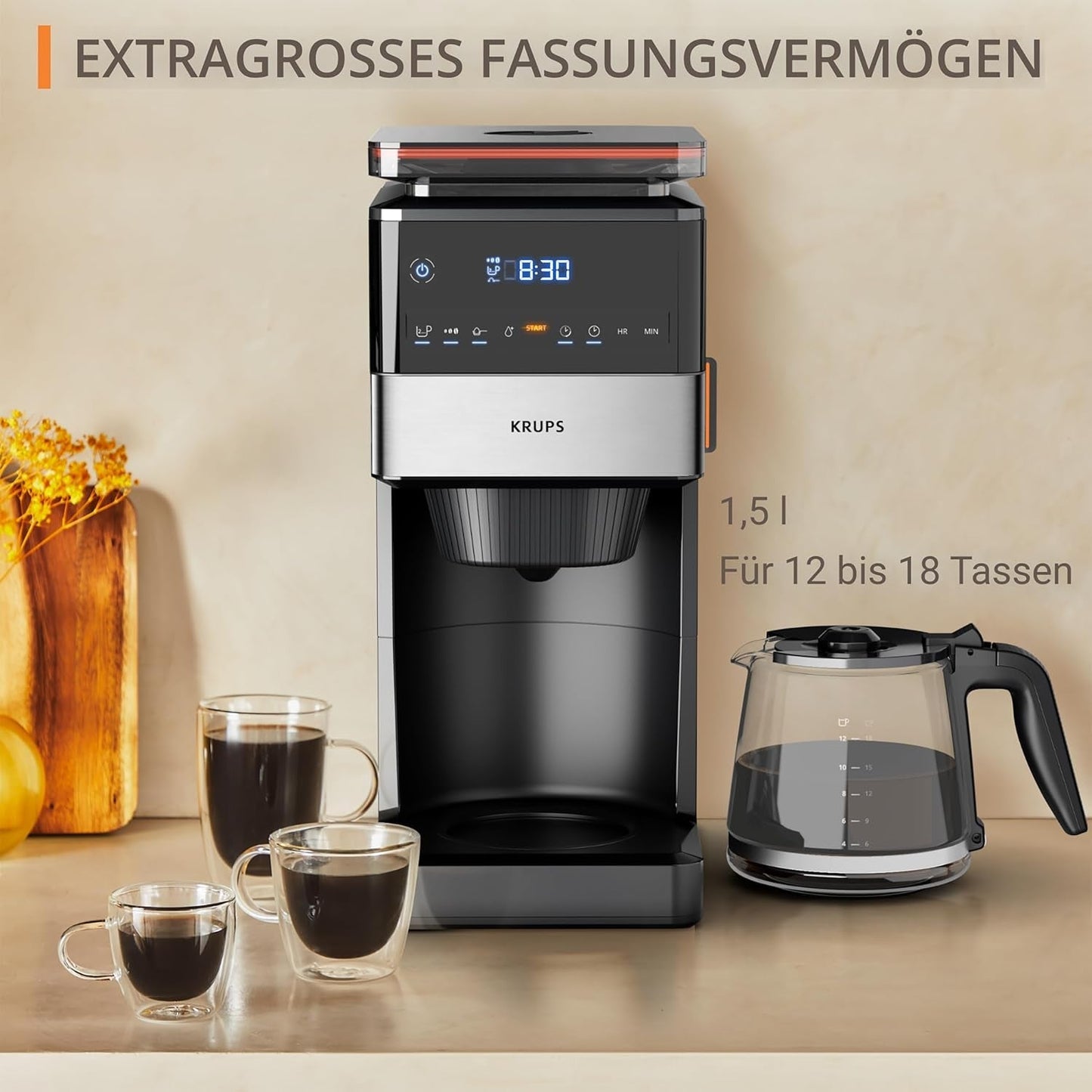KRUPS Grind Aroma XL Espressokocher, abnehmbares konisches Mahlwerk, digitales Bedienfeld, XL-Kapazität (1,5 l), Warmhaltefunktion, Glaskaraffe, Schwarz/Edelstahl, KM842810