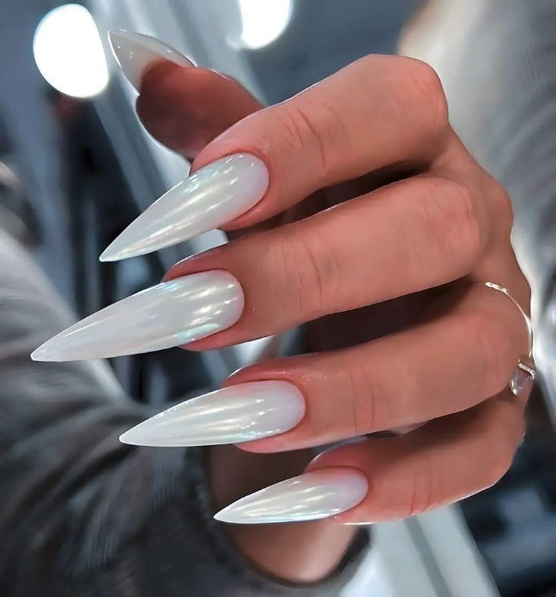 Moonglow Lange Nägel Stiletto Milchweiß Rosa Farbverlauf Glitzer Coole künstliche Nägel mit Kleber Rosa Ombre Glitzer Künstliche Nägel