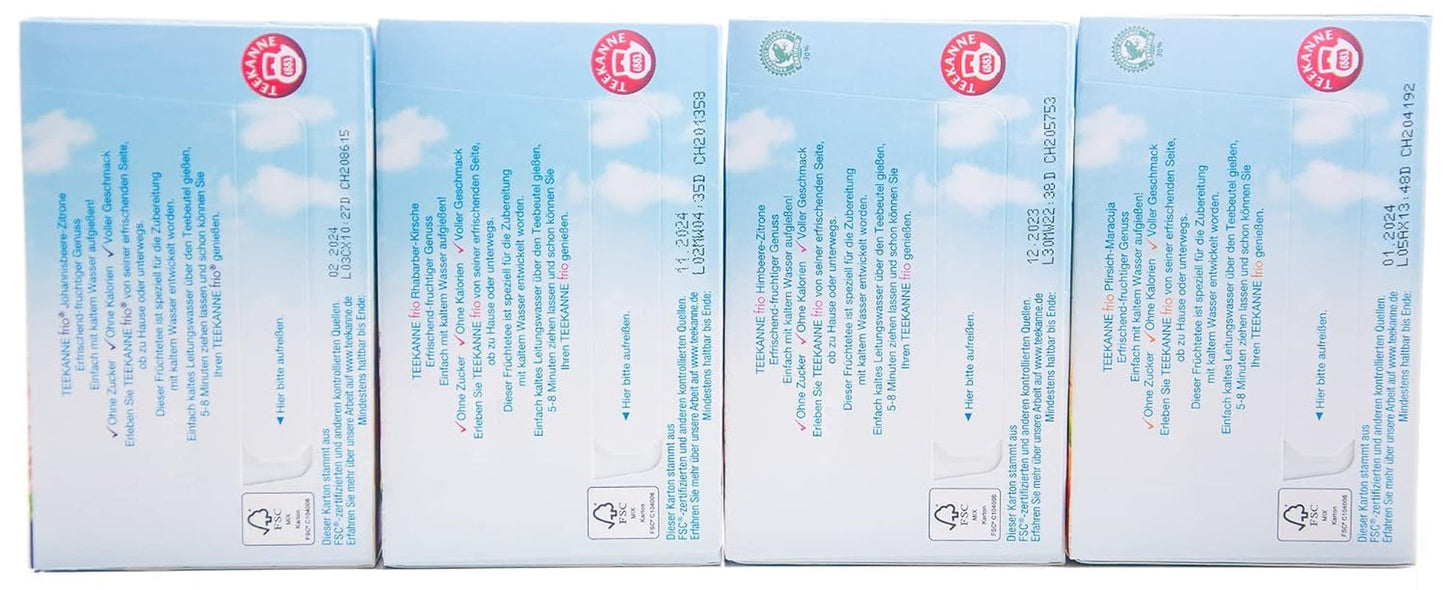 Teekanne Frio 4er Pack, Kirsche Rhabarber, Zitrone Johannisbeere, Zitrone Himbeere, Passionsfrucht Pfirsich (4 x 45 g)