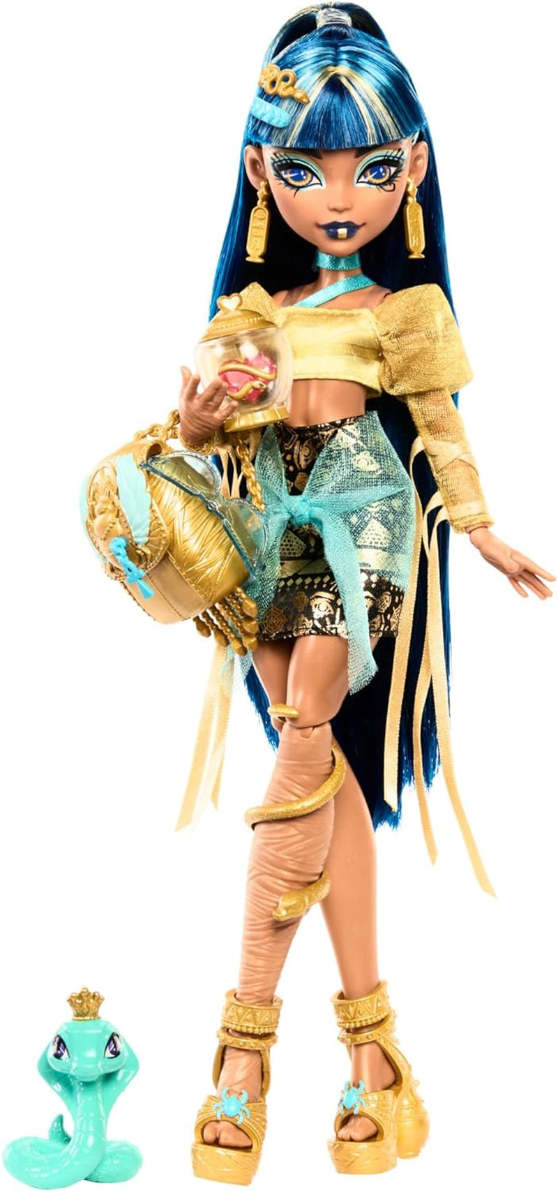 Monster High Cleo De Nile-Puppe in goldener Bluse und Lagenrock, inklusive Cobra Hissette-Haustier und Zubehör wie Rucksack, Snack und Papierrolle, HXH74 Naty Shop Cobra Hissette-Puppen