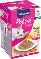 Vitakraft Poésie Création, Tender Selection, Nassfutter für Katzen, Nassfutter für Katzen in Soße, mit Huhn, mit Truthahn, mit Rindfleisch, ohne Zuckerzusatz und Getreide (1 Packung à 6 x 85g)