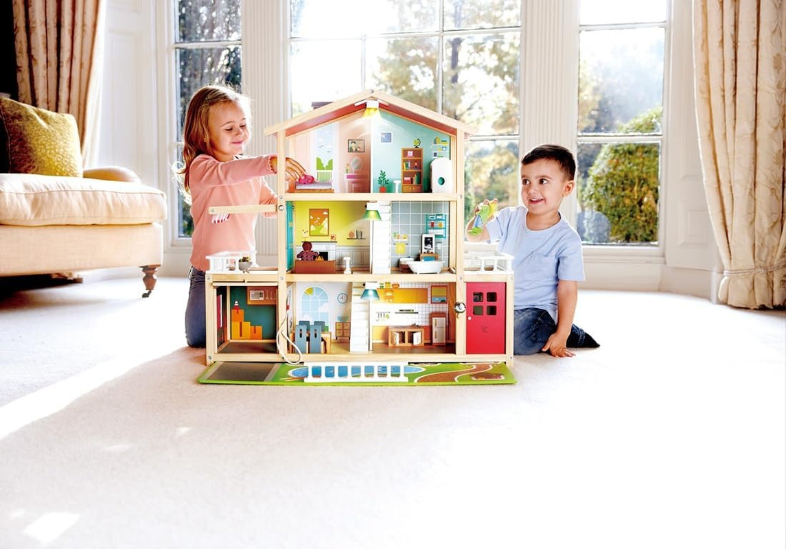 Hape Puppenvilla, 10-Zimmer-Puppenhaus aus Holz, kreatives Rollenspiel inklusive Möbel und Zubehör, Lernspielzeug für Kinder ab 3 Jahren