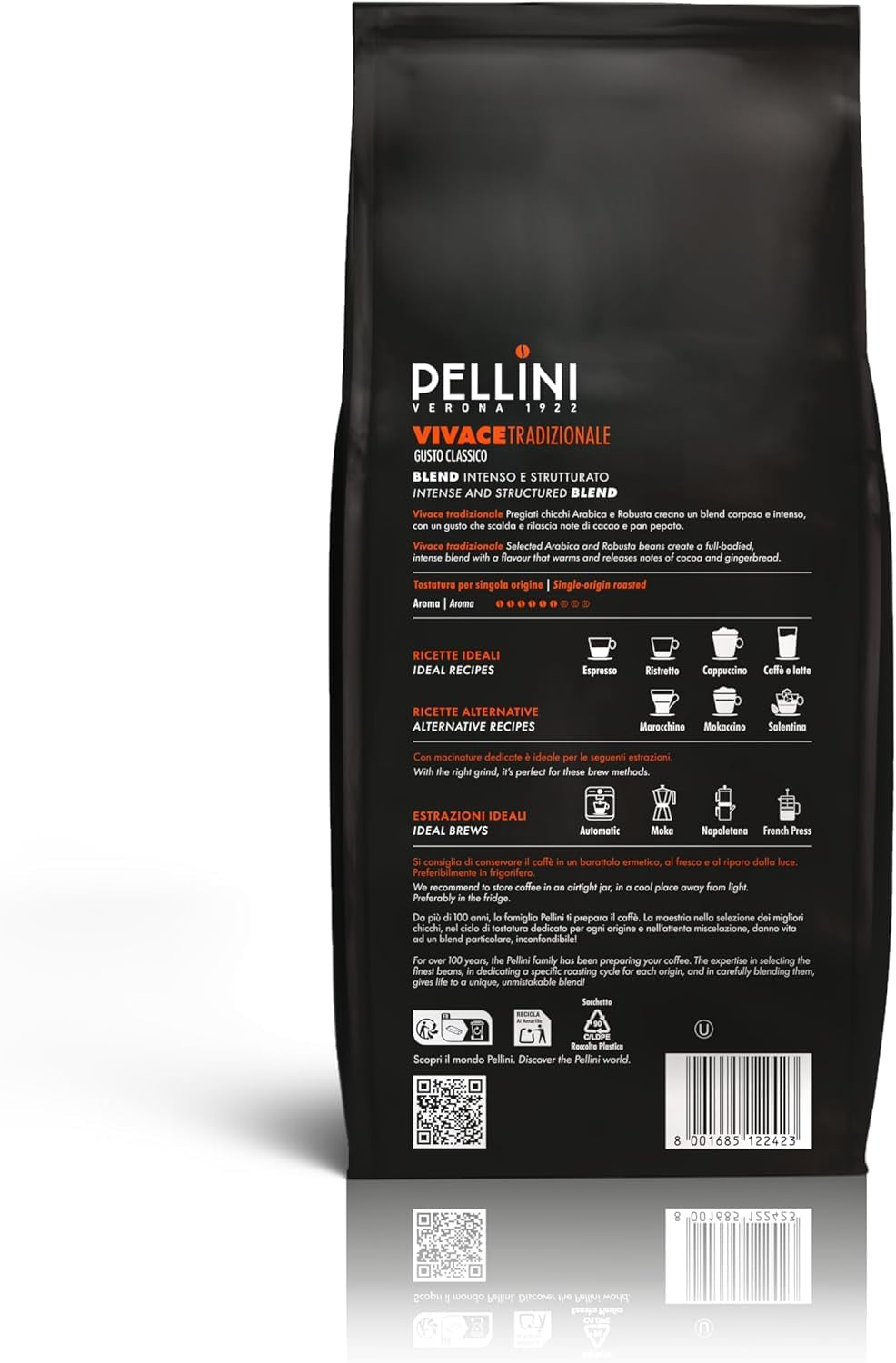 Pellini N.82 Vivace, Kaffeebohnen für Espresso 1 kg, Arabica- und Robusta-Mischung mit kräftigem und ausgefungem Geschmack, mittlere Röstung