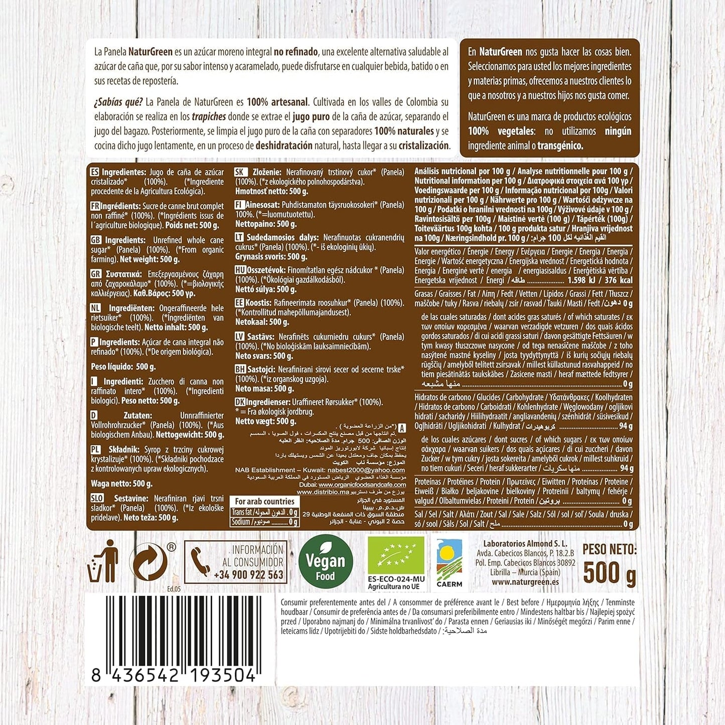 - Organisches kristallisiertes Panel, reiner Zucker, ökologischer Süßstoff, natürlicher Zuckerrohrsaft – 500 g, Packung mit 12 Süßstoffen Naty Shop