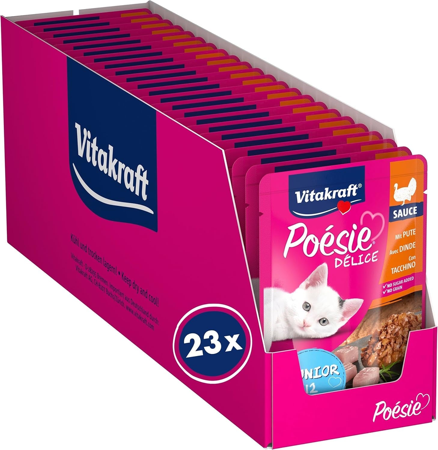 Vitakraft Poésie Délice, Junior, Nassfutter für Katzen, Nassfutter in Soße, mit Truthahn, Multipack, für junge Katzen, Ohne Zucker- oder Getreidezusatz (23 x 85g)
