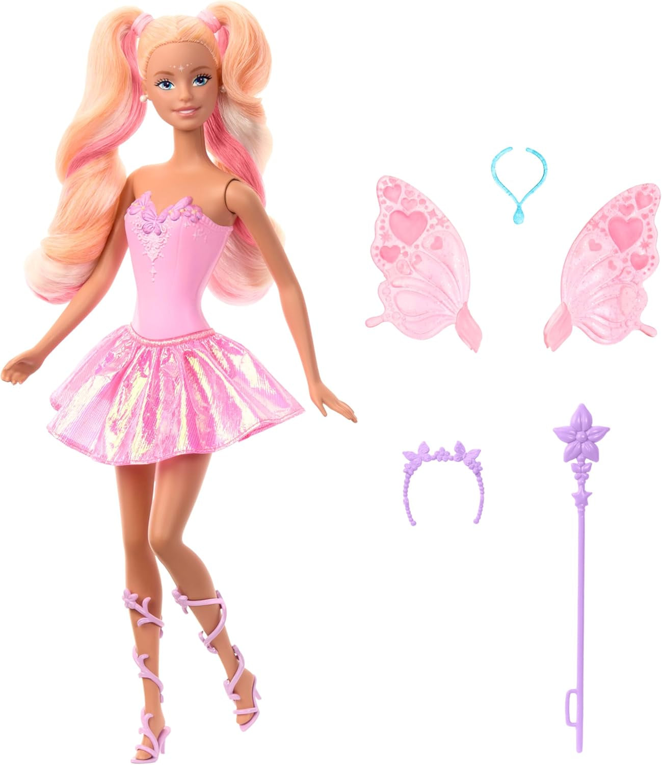 Mattel Barbie-Puppe Fee mit Spielzeugstab und Modeaccessoires, fantastisches Thema mit Flügeln und Farbwechsel-Outfit, JCP76, [Mehrfarbig] Naty Shop Dolls