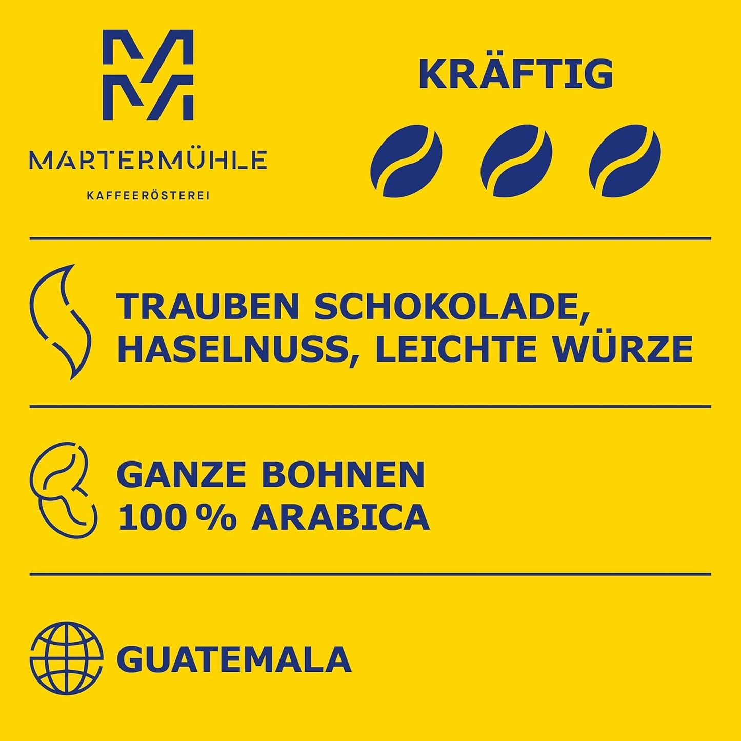Kaffeebohnen Martermühle Guatemala 1kg stark | Arabisch | Geschmacksrichtungen: Haselnüsse, leichte Gewürze, Schokolade mit Trauben | Hell geröstete ganze Kaffeebohnen, geringer Säuregehalt