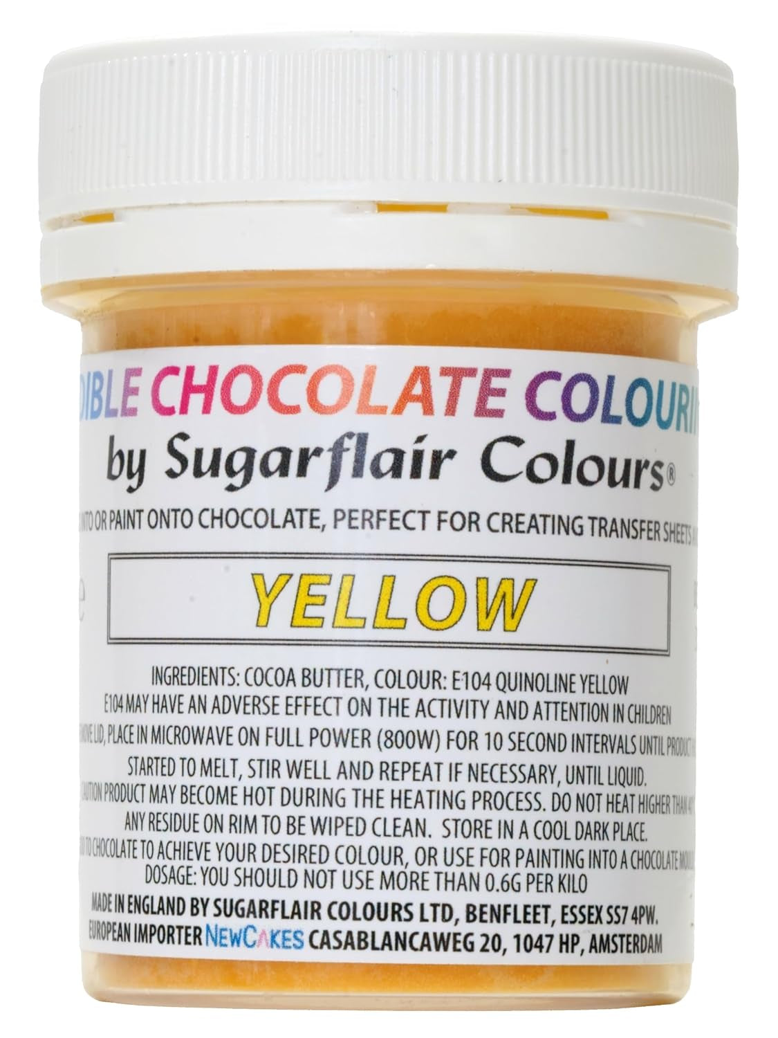 Lebensmittelfarbe Sugarflair Chocolate Gelbe Lebensmittelfarbe für Schokolade – Farbige Bio-Kakaobutter, Schokoladenfarbe zum Färben von Schokolade, Pralinen – 35 g