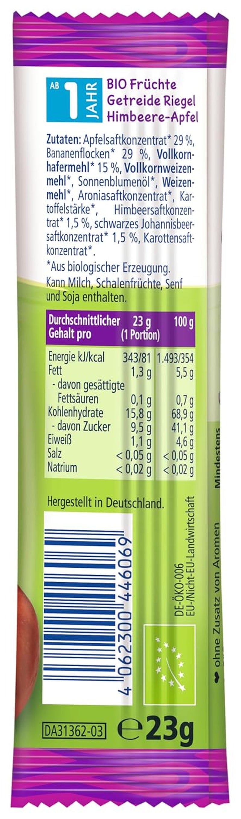 HiPP Zebrariegel mit Himbeer- und Bananen-Apfel-Geschmack (22 x 23g), ab 1 Jahr, nur mit Früchten gesüßt, in bester Bio-Qualität