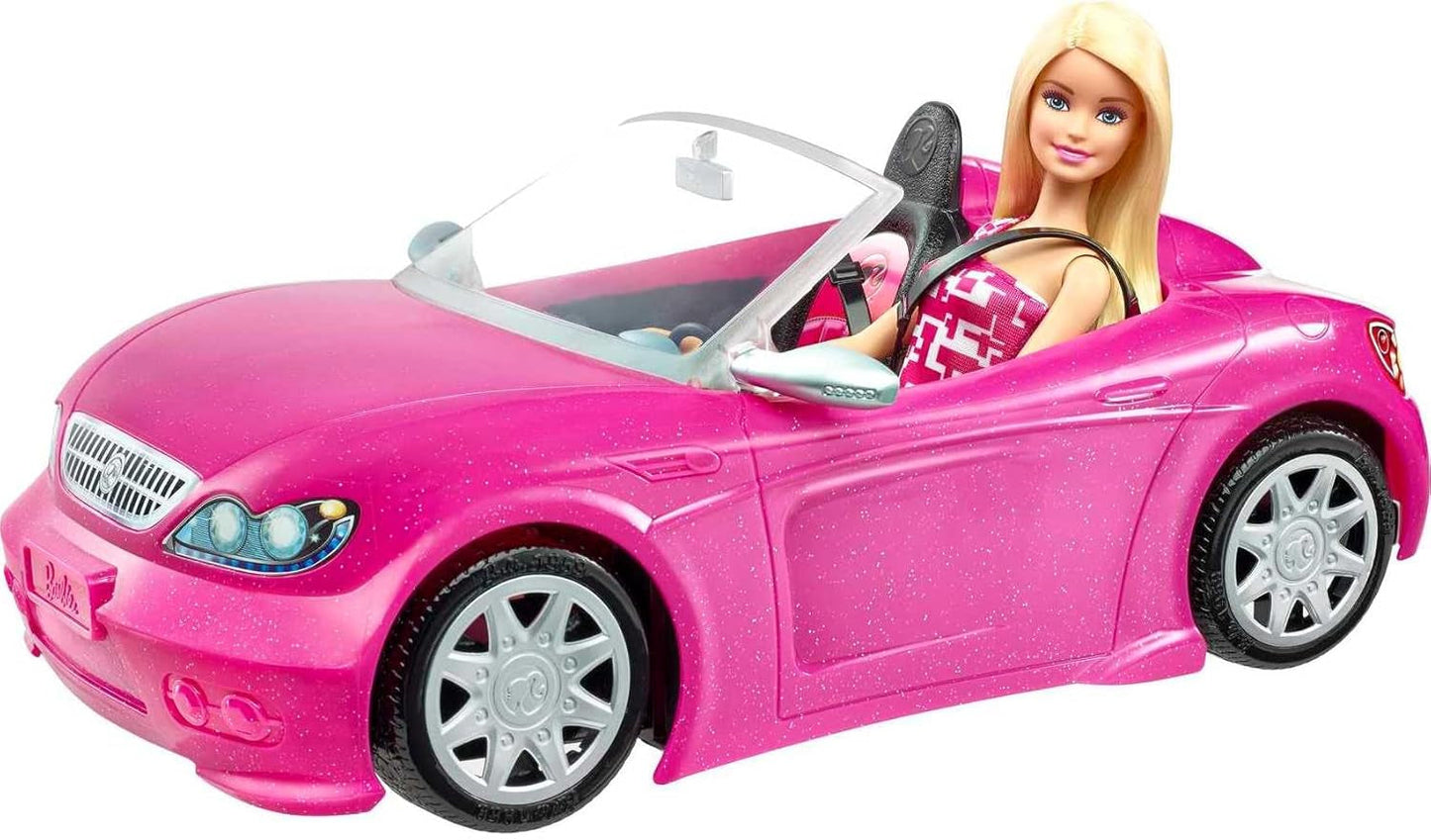 Barbie-Puppe und rosa glitzerndes Cabriolet, realistische Reifen, Logo, Spielzeug für Kinder ab 3 Jahren, DJR55