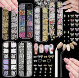 Nail Charms,6 Boxen Gold Silber Nagel Charms 3D Gold Bogen Stern Nail Art Dekoration+6200 Strasssteine ​​​​Bunt Steine ​​​​AB Perlen Diamanten,3D Legierung Bow Nail Gems Nagel Deko Für Frauen Nagel (6-A)